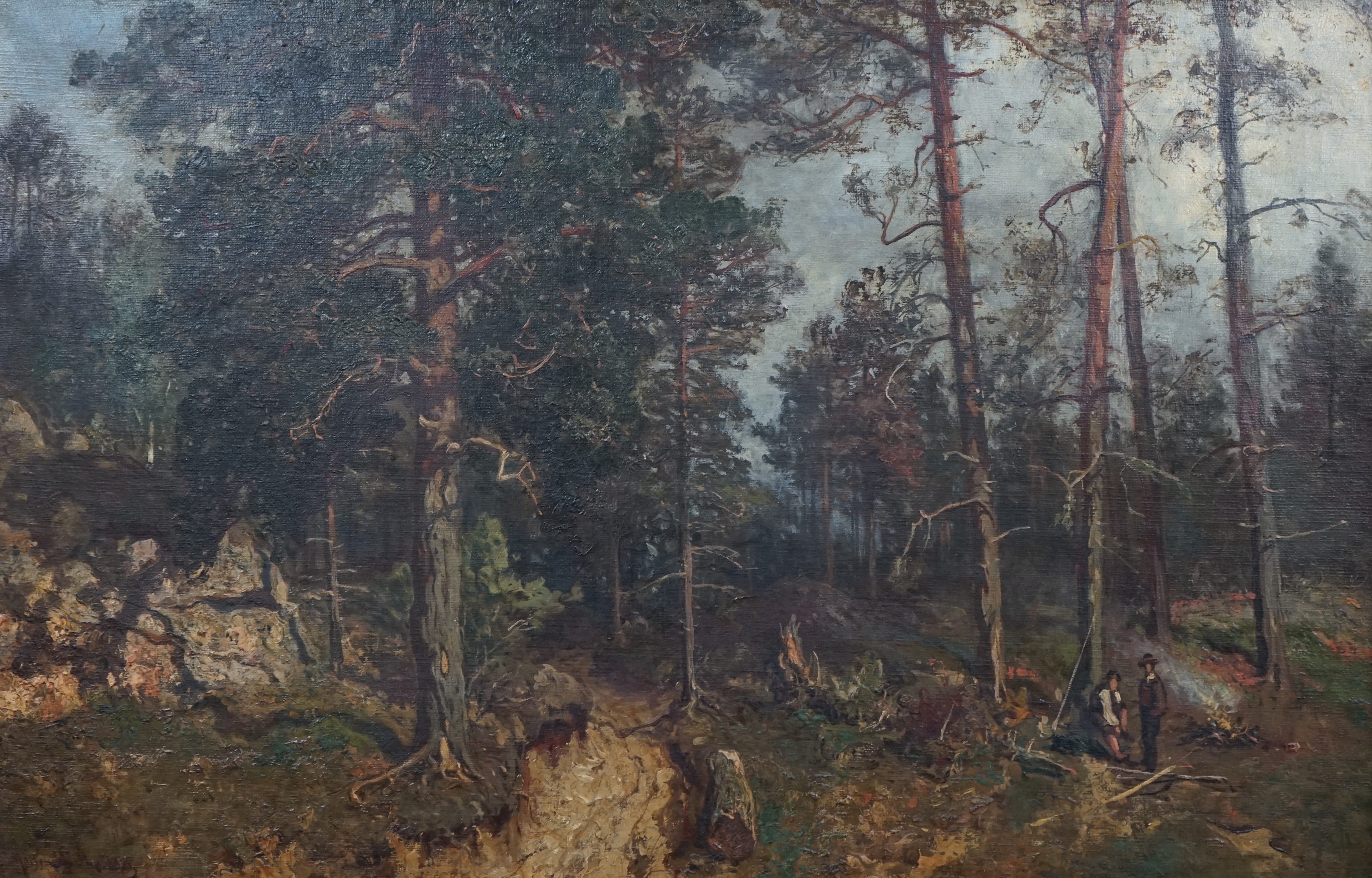 Morten Müller (Norwegian, 1828-1911), Woodmen in a forest clearing, oil on canvas, 40 x 62cm